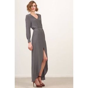 Geren Ford Long Sleeve Grey Silk Maxi Dress Slit